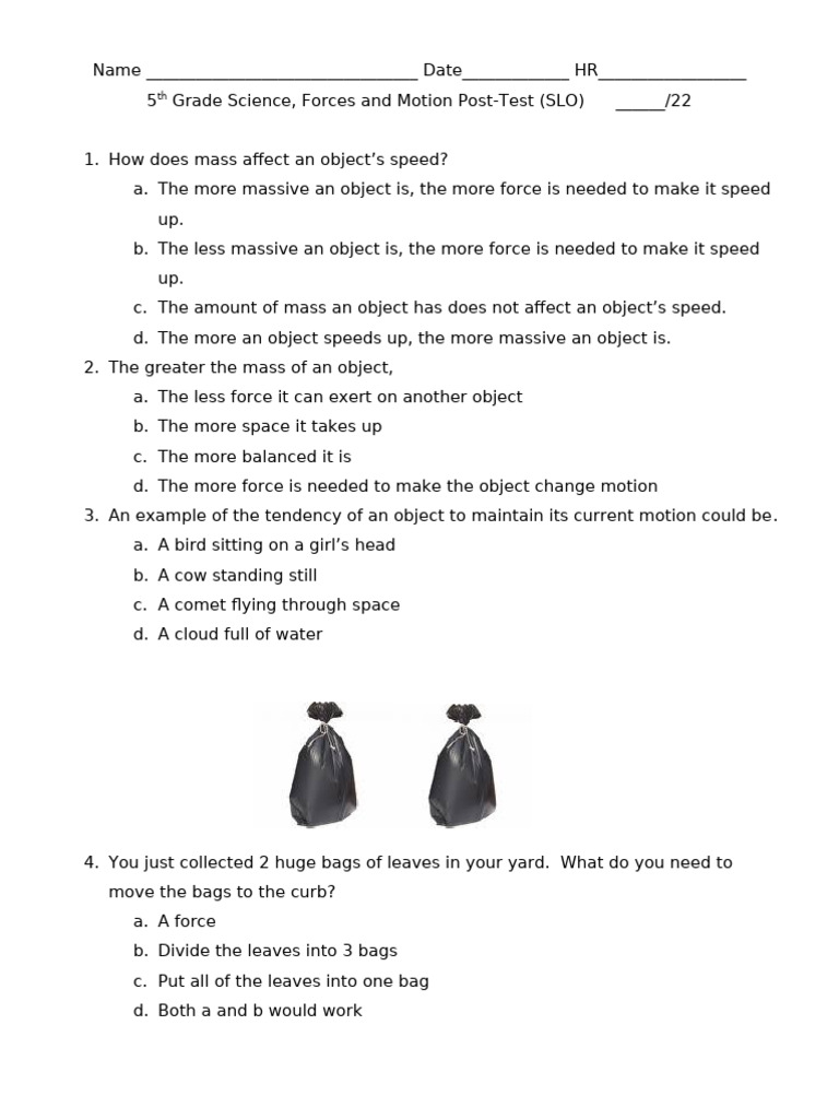 5th Grade Science Forces 2nd QTR SLO Scantron Post Test | PDF | Force ...