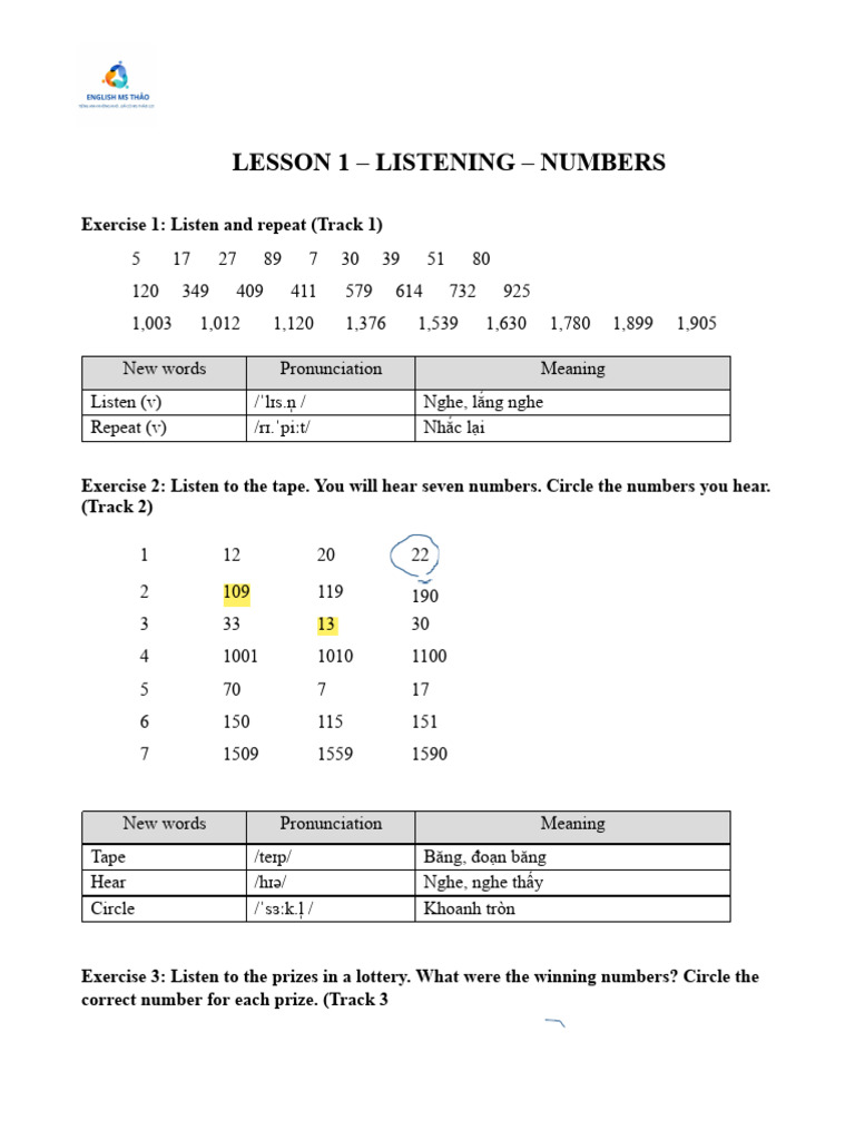 Lesson 1: Listening to Numbers Exercises | PDF | Telephony ...
