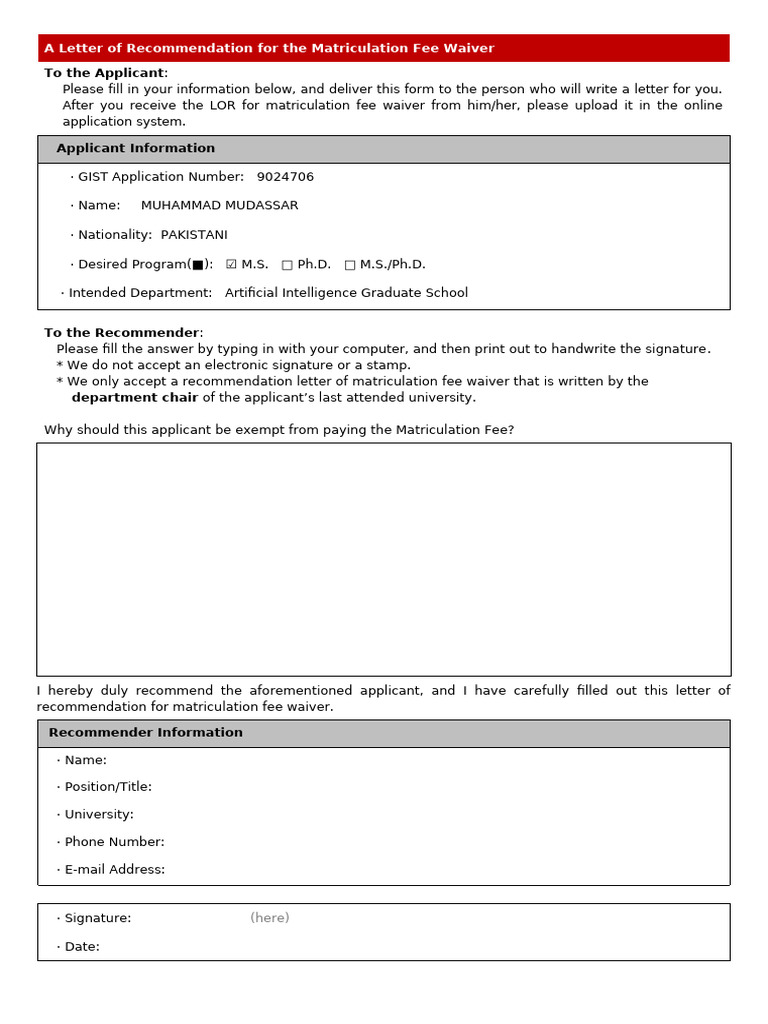 Letter of Recommendation For Matriculation Fee Waiver | PDF