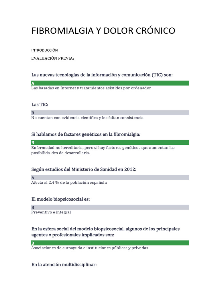 Fibromialgia Y Dolor Cr nico Respuestas Test Medicarama PDF