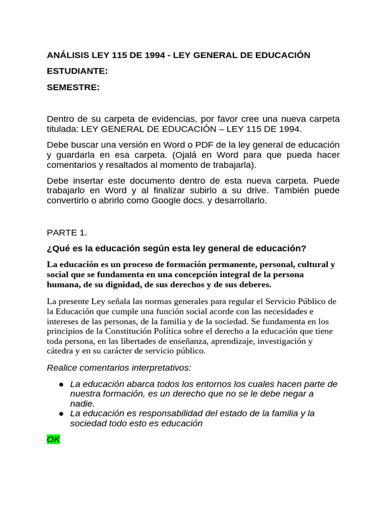 Análisis Ley 115 De 1994 Ley General De Educación 1 Pdf