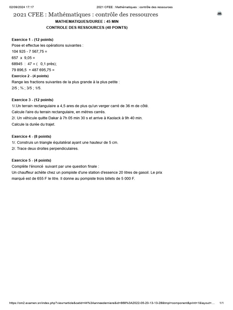 2021 CFEE - Mathématiques - Contrôle Des Ressources | PDF
