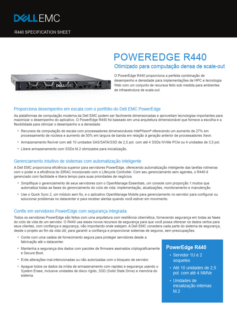 Poweredge r440 Specsheet BR | PDF