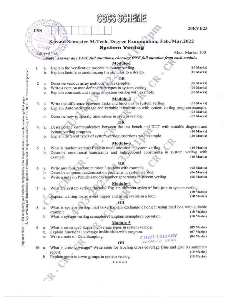 VTU Question Paper of 20EVE23 System Verilog Feb-2022 | PDF