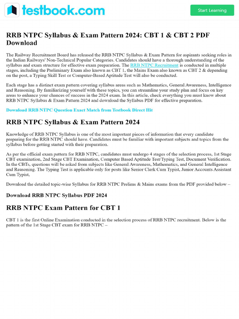 RRB NTPC Syllabus & Exam Pattern 2024 - CBT 1 & CBT 2 PDF Download | PDF