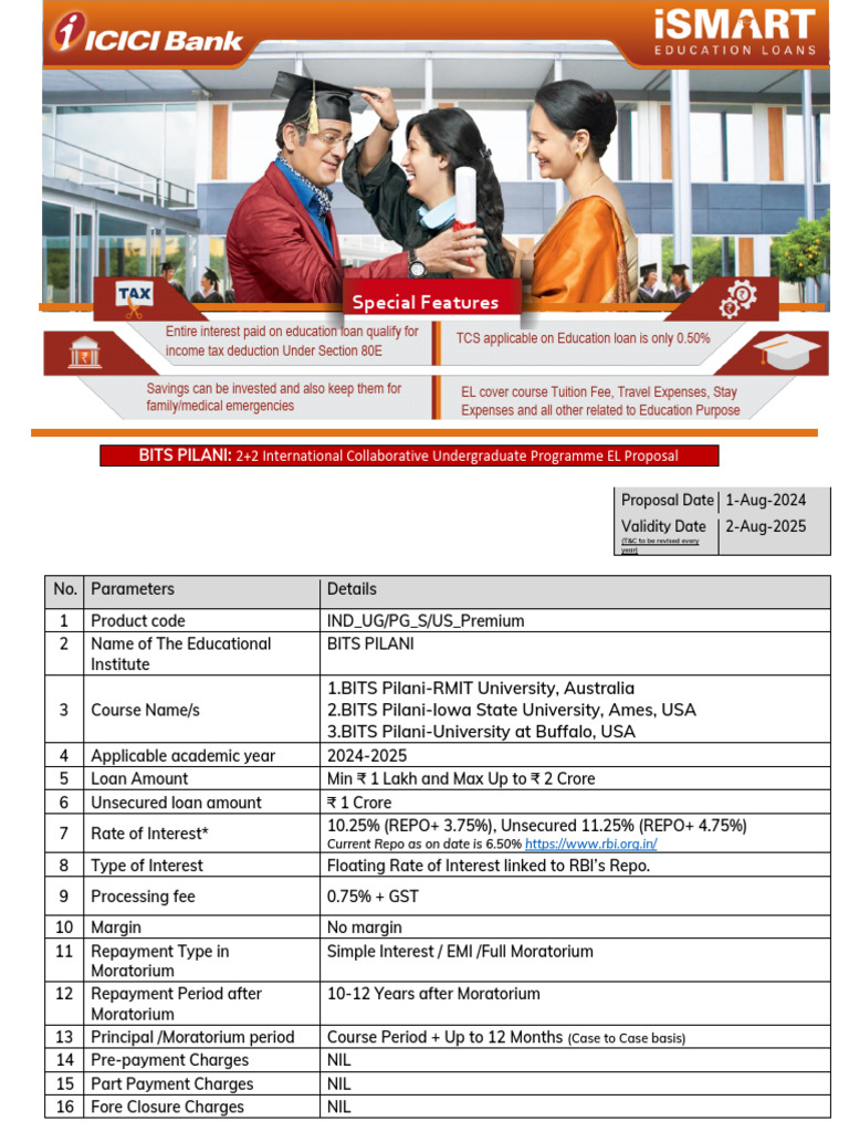 BITS-PILANI ICICI BANK EduLoanOffer | PDF