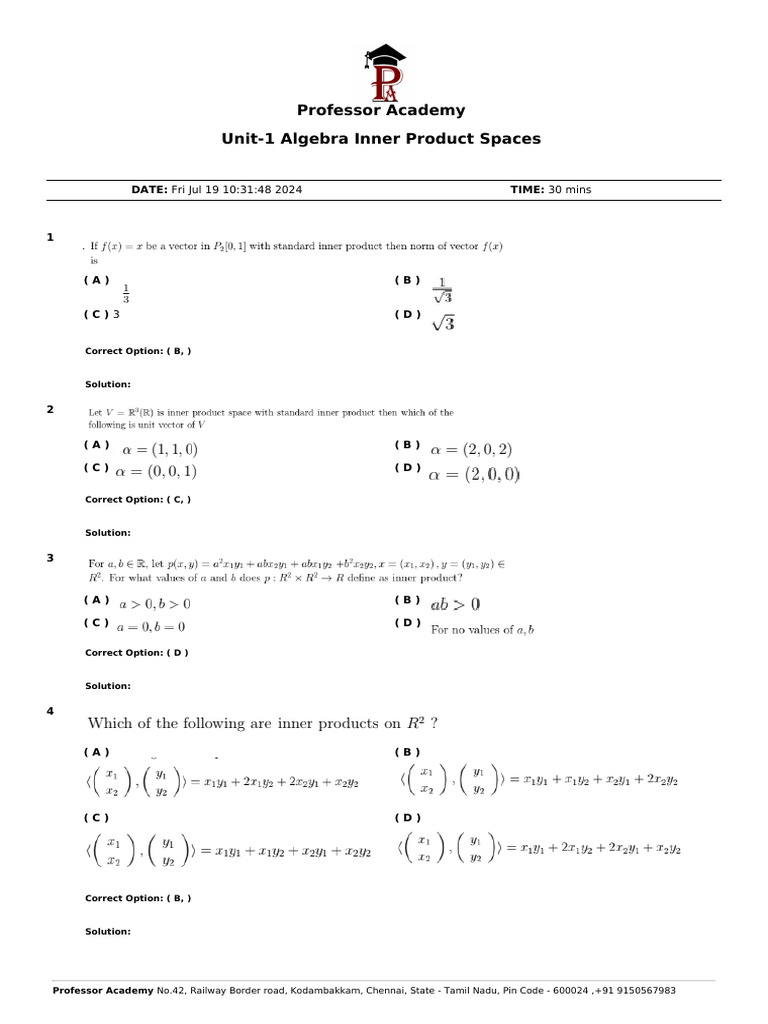 Algebra Inner Product Spaces Quiz | PDF | Algebra | Linear Algebra