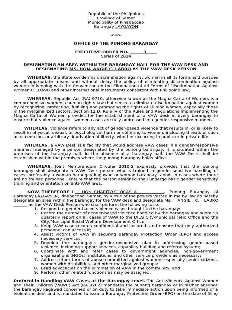 VAW Desk Establishment in Barangay Laygayon | PDF | Violence | Violence ...