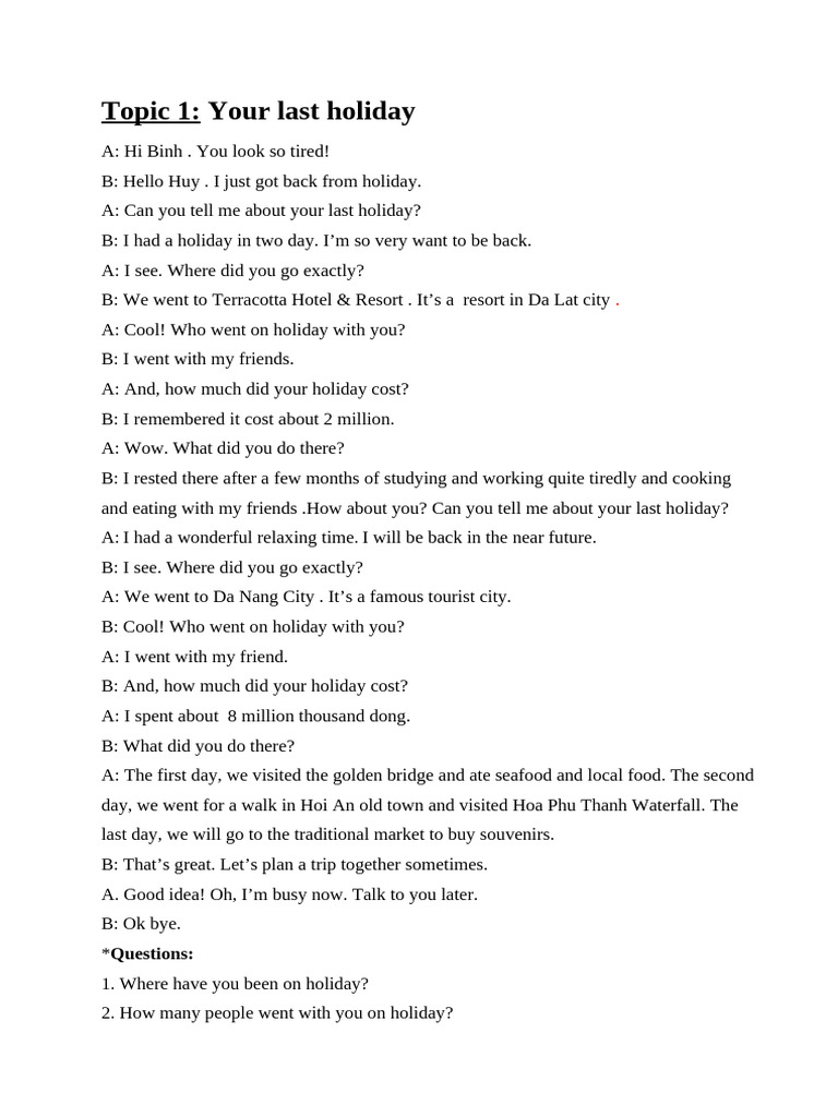 Topic 1: Your Last Holiday: Questions | PDF