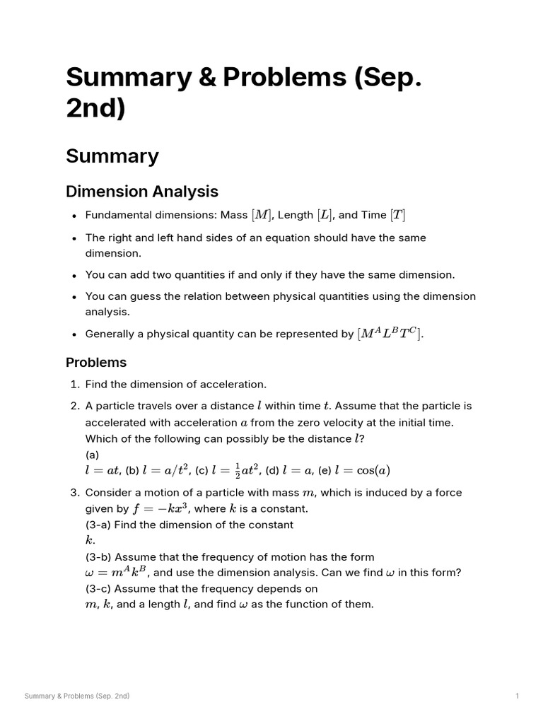 Summary & Problems (Sep. 2nd) : Dimension Analysis | PDF