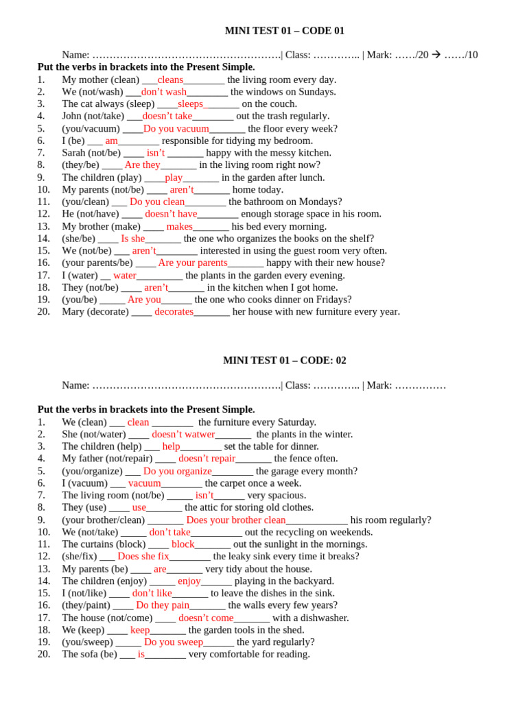 E7 - Mini Test 01 - Present Simple | PDF
