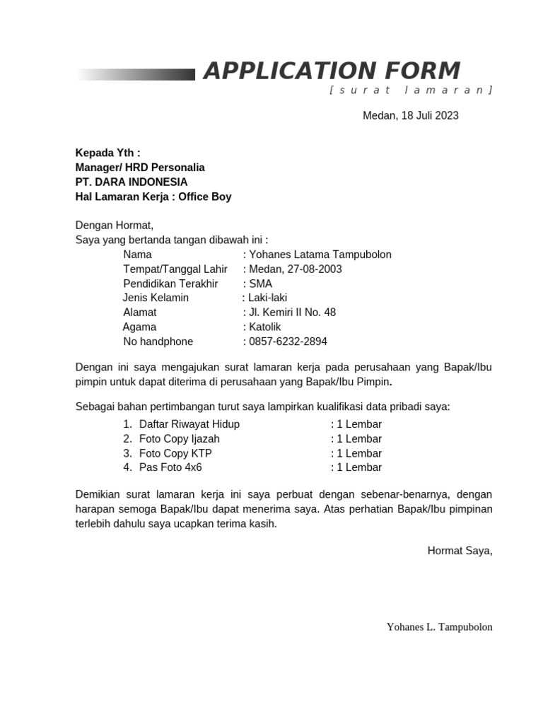 Surat Lamaran Kerja Office Boy PT DARA | PDF