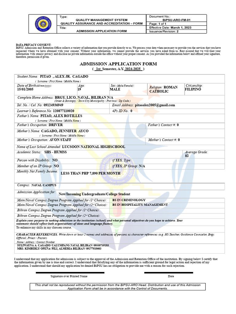 Undergraduate - College Admission Application Form | PDF