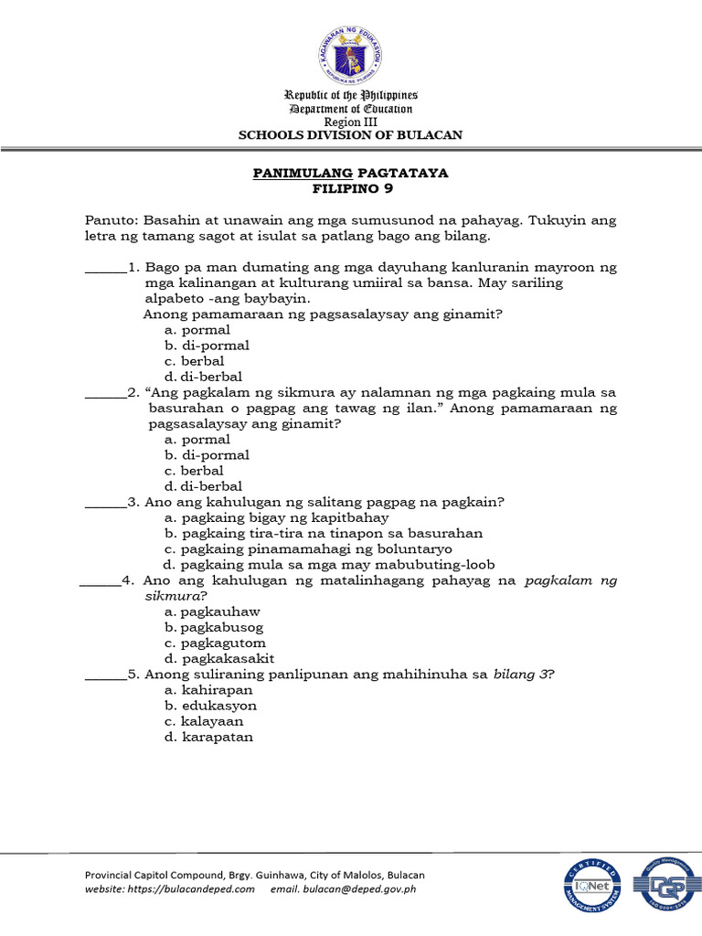 Sdo Bulacan Paunang Pagtataya Sa Pagbasa Filpino 9 Pdf