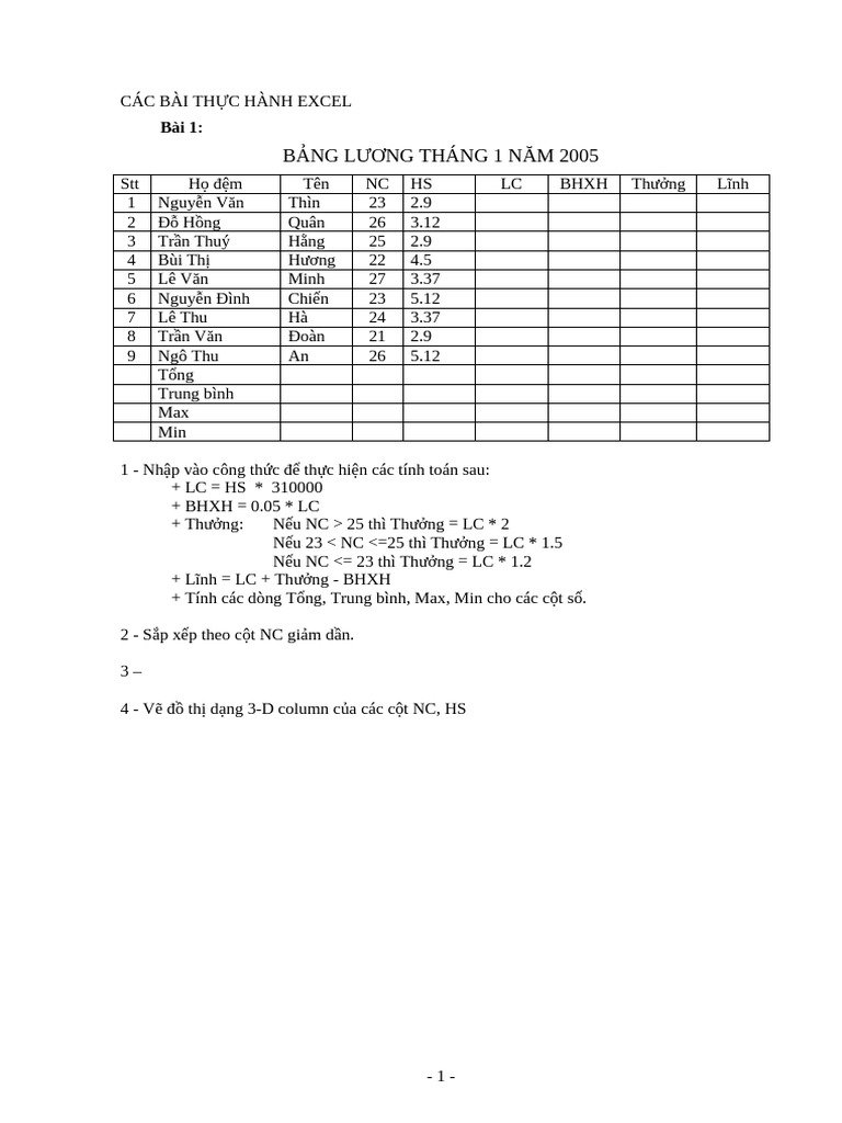 Tin Dai Cuong Bai Tap Thuc Hanh Excel | PDF