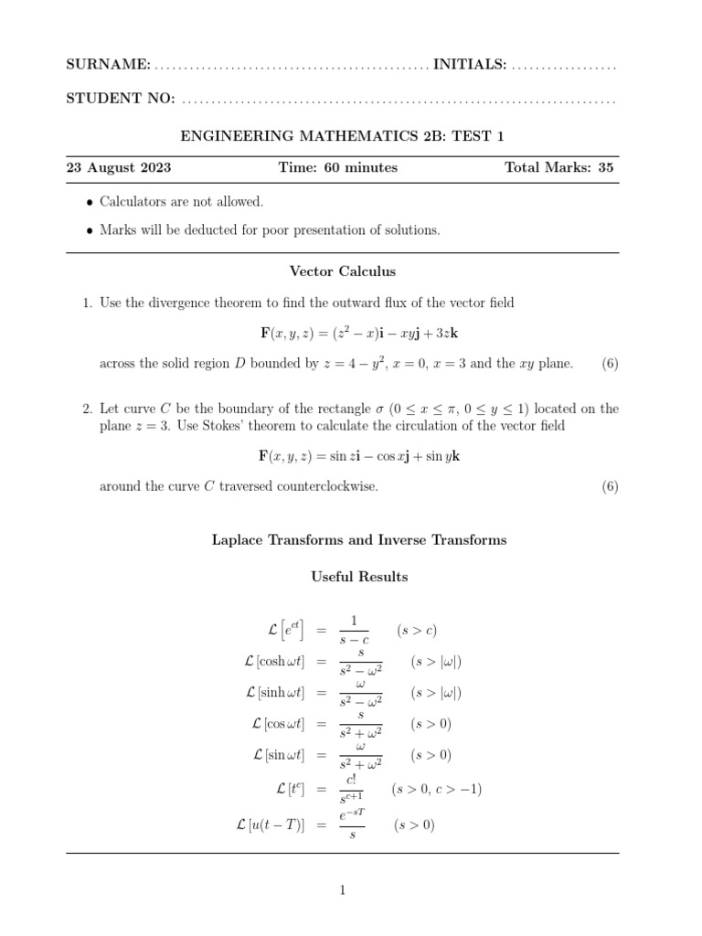 Engineering Mathematics Test 1 Guide | PDF | Flux | Applied Mathematics