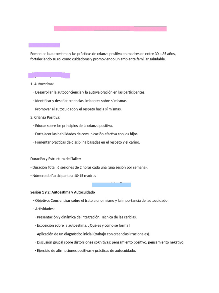 Plan de Intervención para Taller de Autoestima y Crianza Positiva | PDF