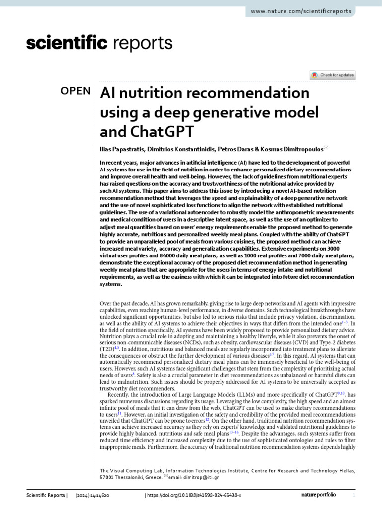 Ai Nutrition Recommendation Using A Deep Generative Model and Chatgpt | PDF