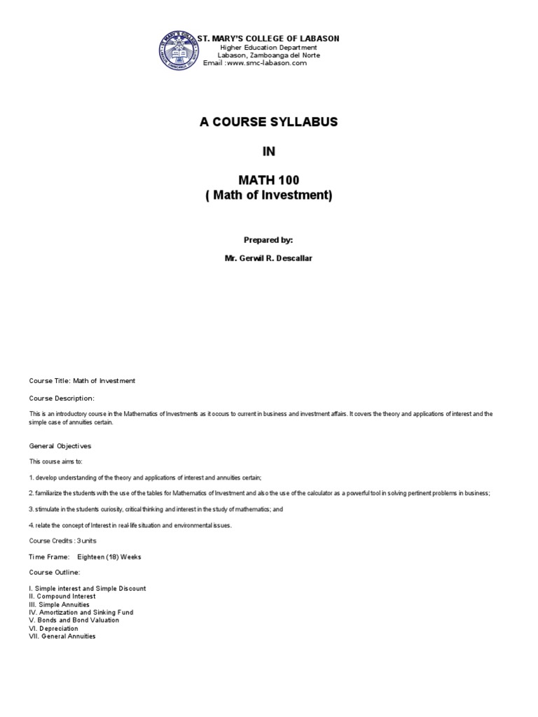Course Syllabus In Math Of Investment - 