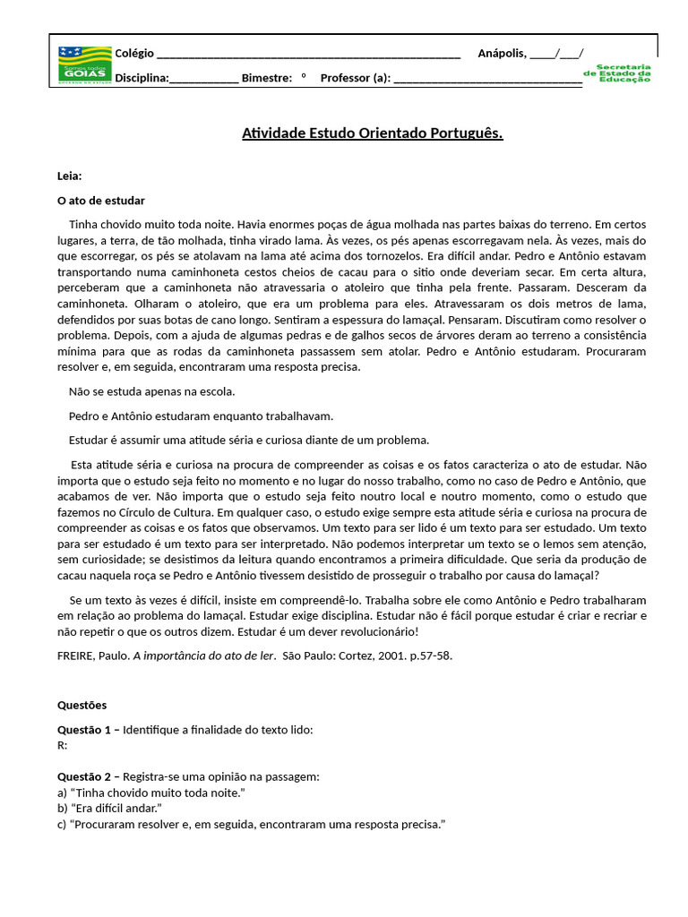 Atividade Estudo Orientado Português | PDF