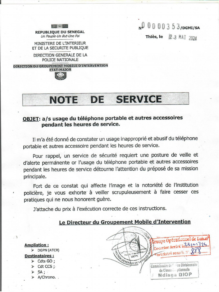 Note de Service Portant Usage Du Telephone Portable Et Autres ...