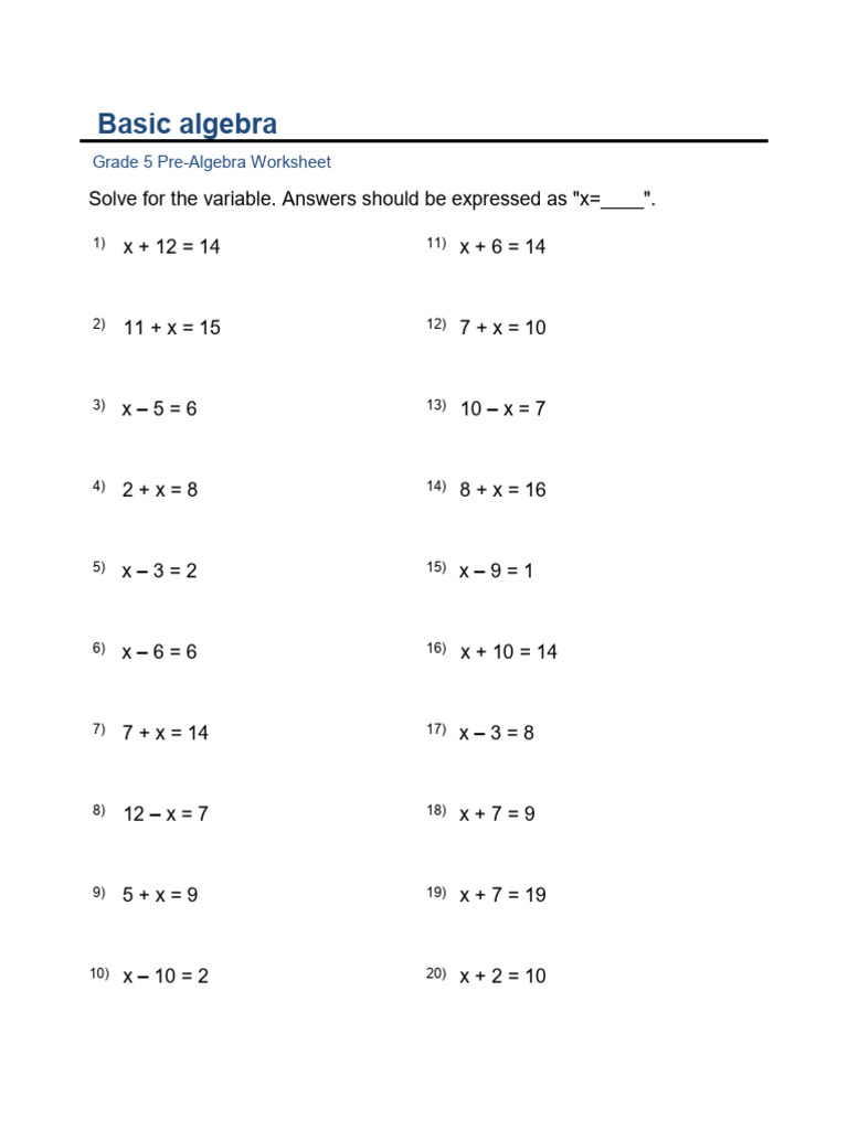 Grade 5 Algebra Worksheet Answers | PDF | Teaching Methods & Materials
