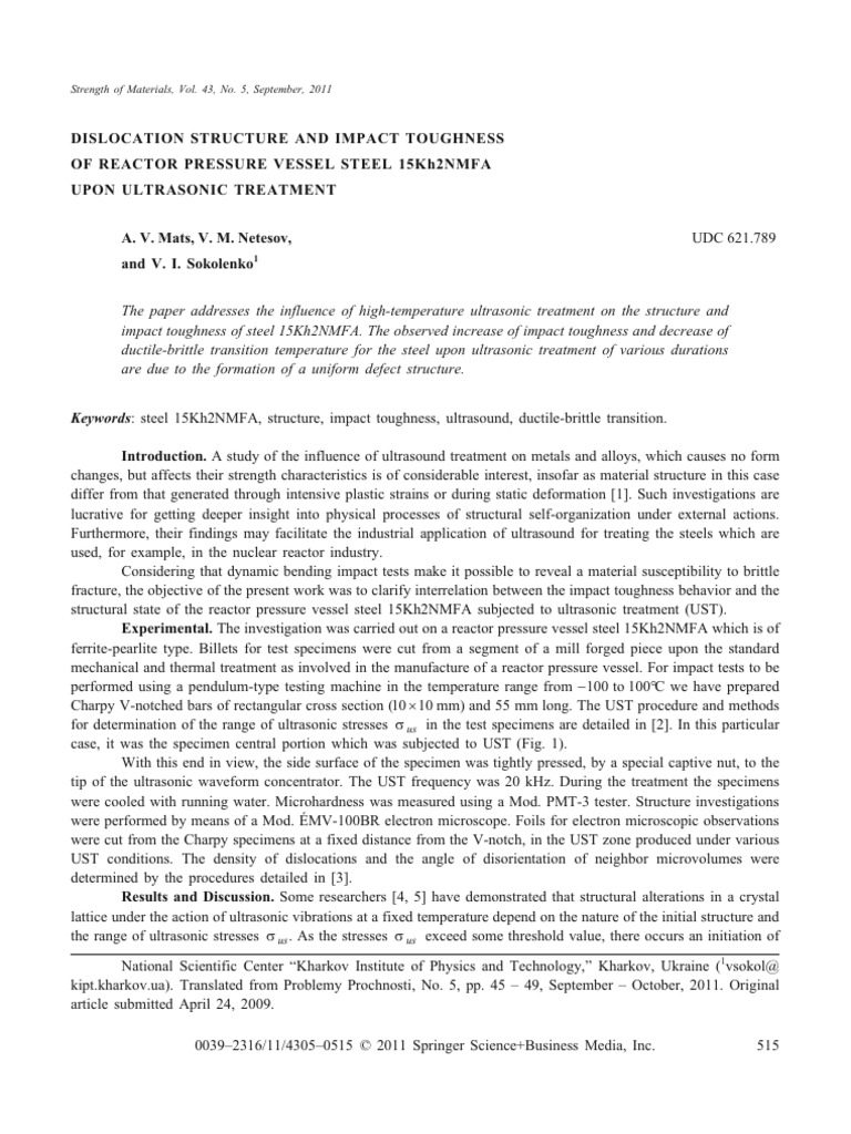 Dislocation Structure and Impact Toughness of Reactor Pressure Vessel ...
