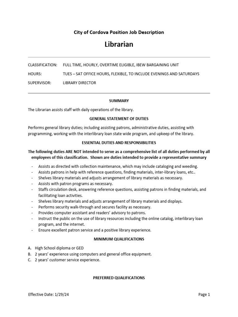 Librarian Job Description | PDF