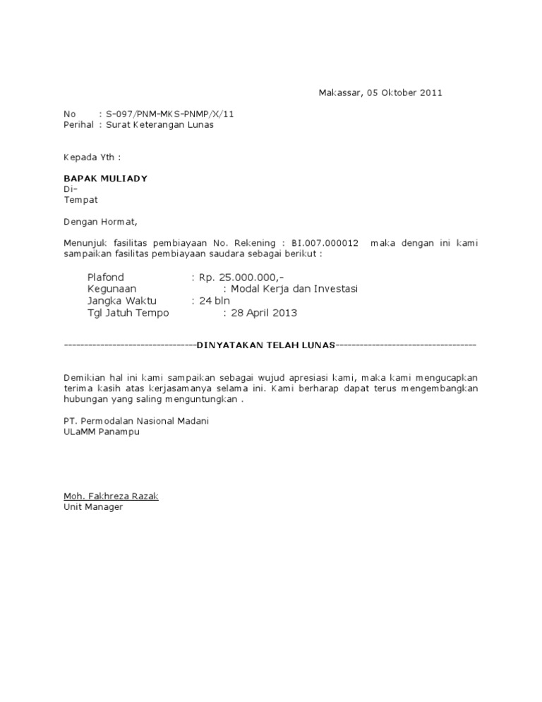 Surat Lunas Dasar atau Atribut Penilaian Kewajiban 02.