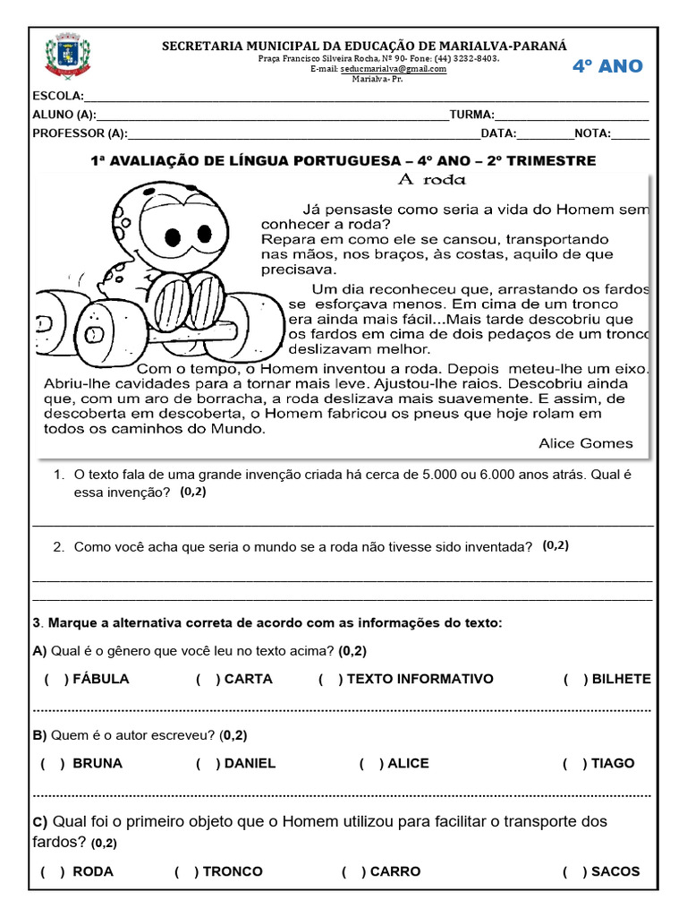 Avaliação Português - 4 Ano - 2 Trimestre | PDF