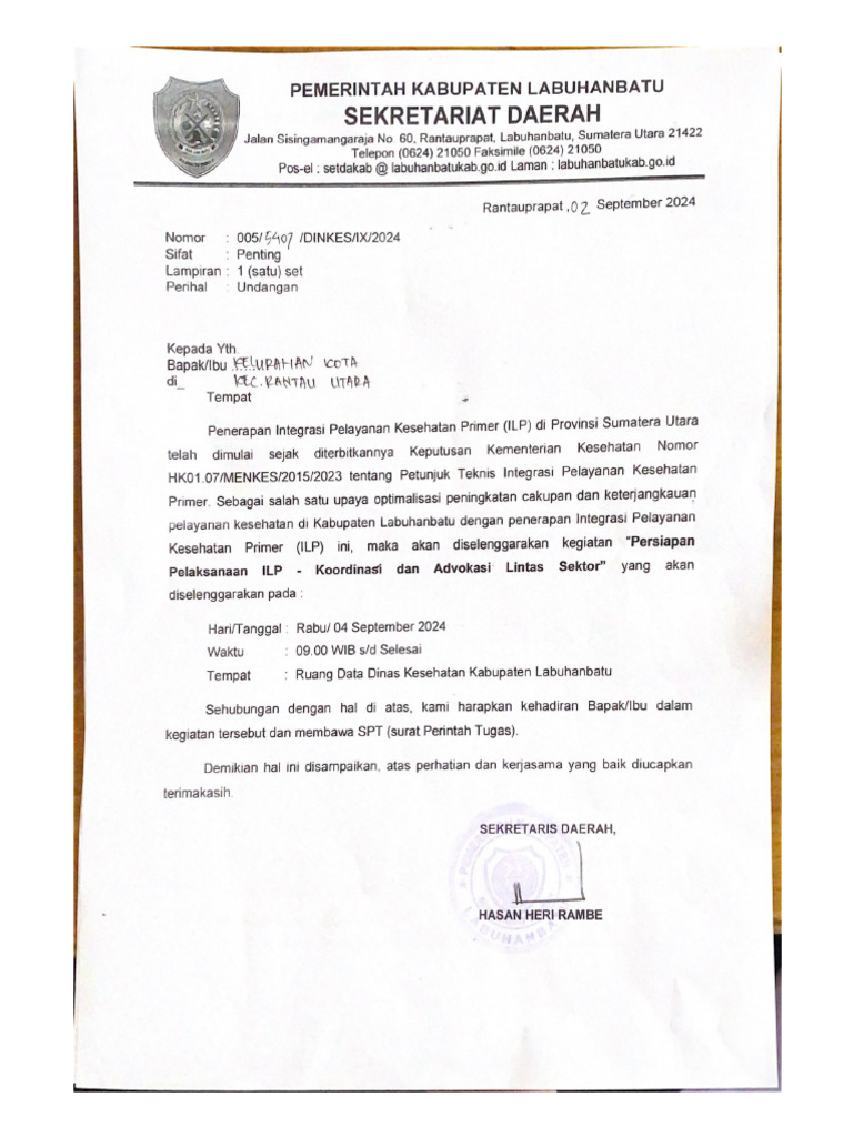 Undangan Kelurahan Kota Kec. Rantau Utara | PDF