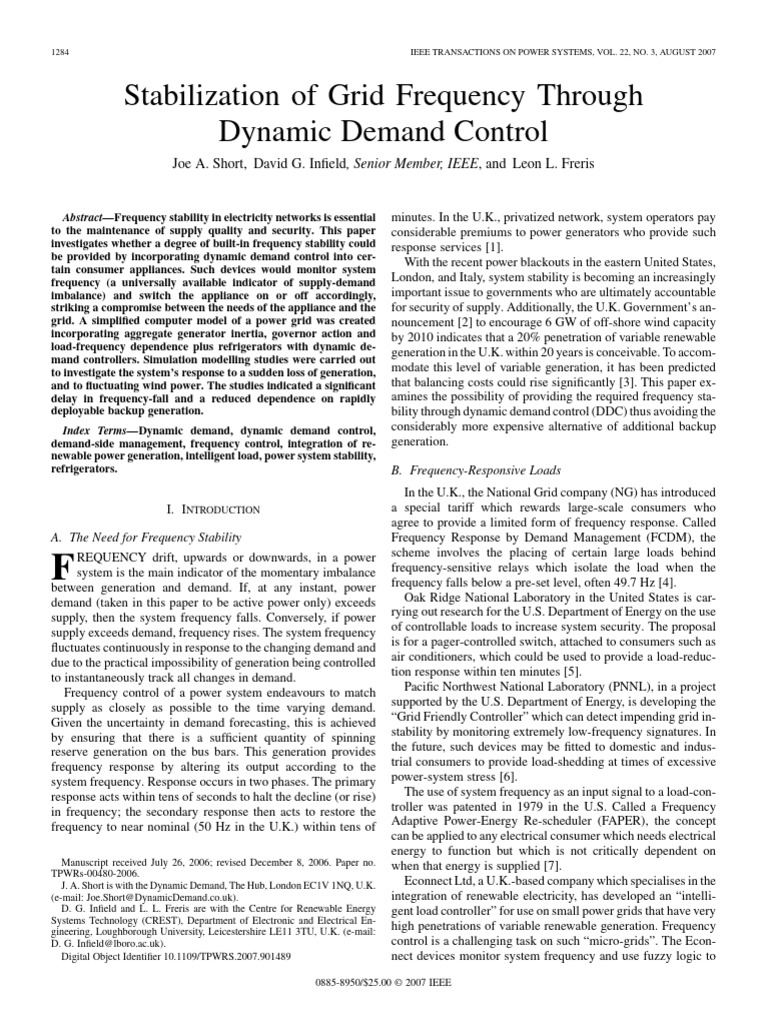 Stabilization of Grid Frequency Through Dynamic Demand Control | PDF