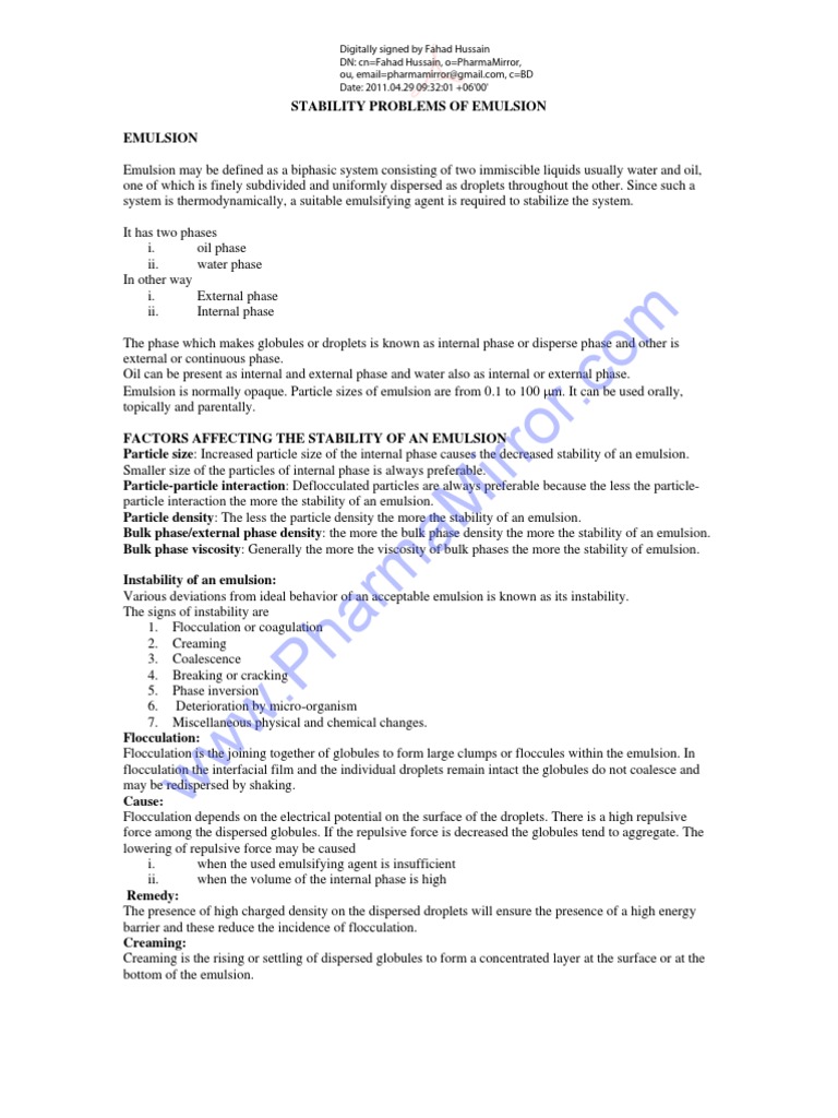 Stability Problems of Emulsion and Suspension PDF Emulsion