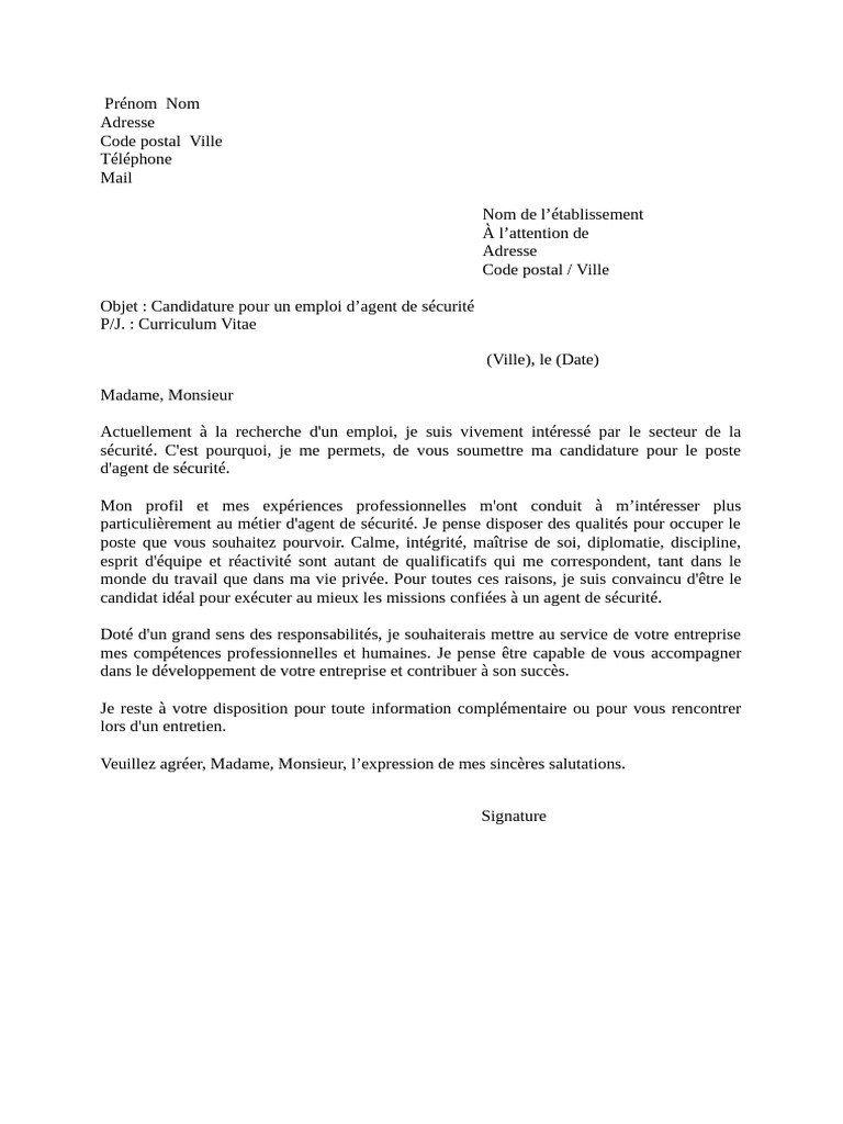 Lettre de Motivation Agent de Securite | PDF