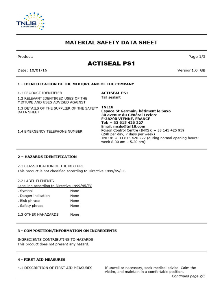 MSDS Actiseal PS1 - 01 15 en | PDF
