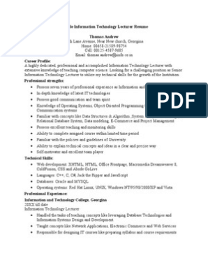 Sample Information Technology Lecturer Resume Microsoft Access Resume