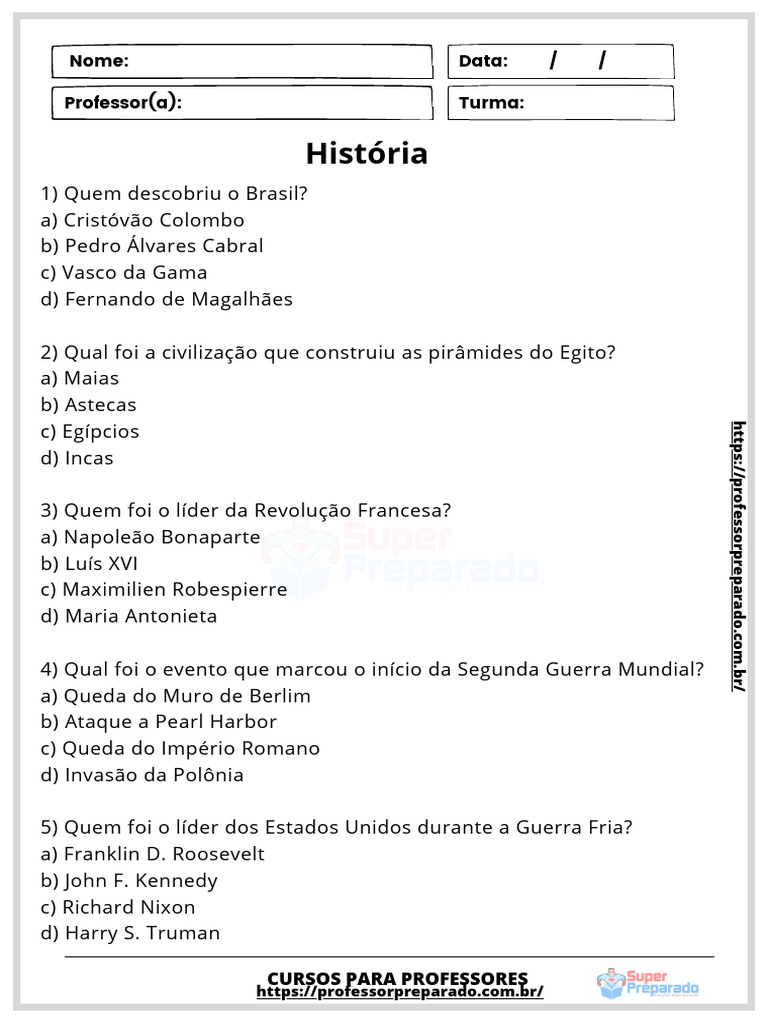 Avaliação Simulado Historia 5º Ano Professorpreparado | PDF | Brasil ...