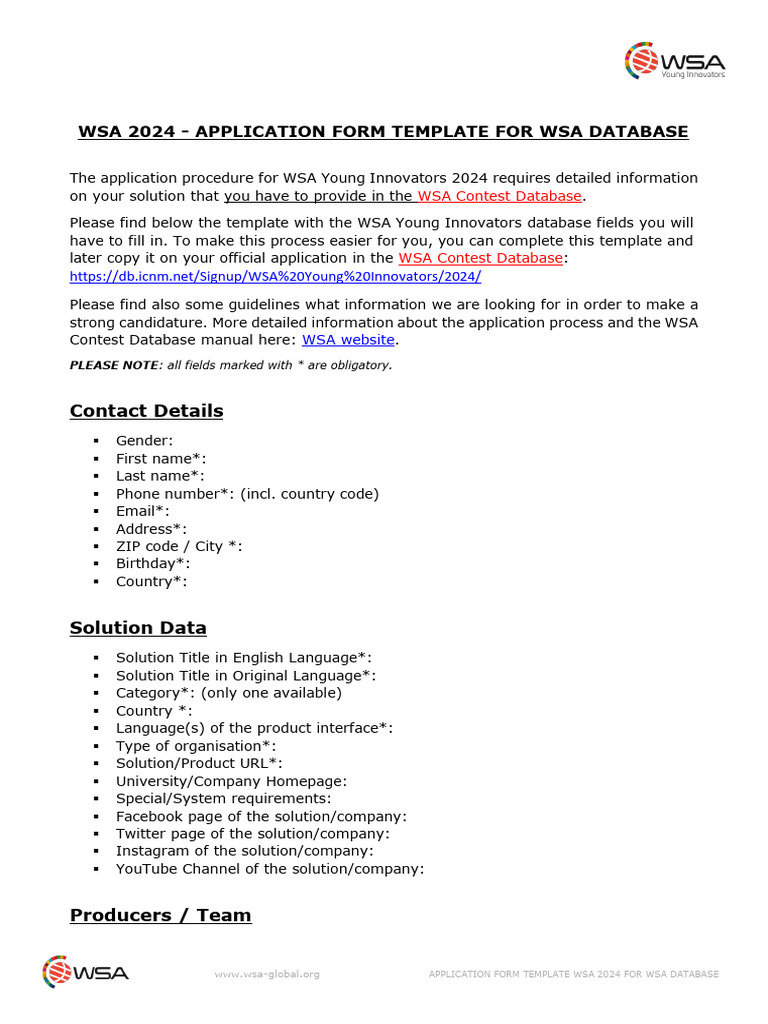 APPLICATION FORM TEMPLATE WSA Young Innovators 2024 FOR DATABASE | PDF