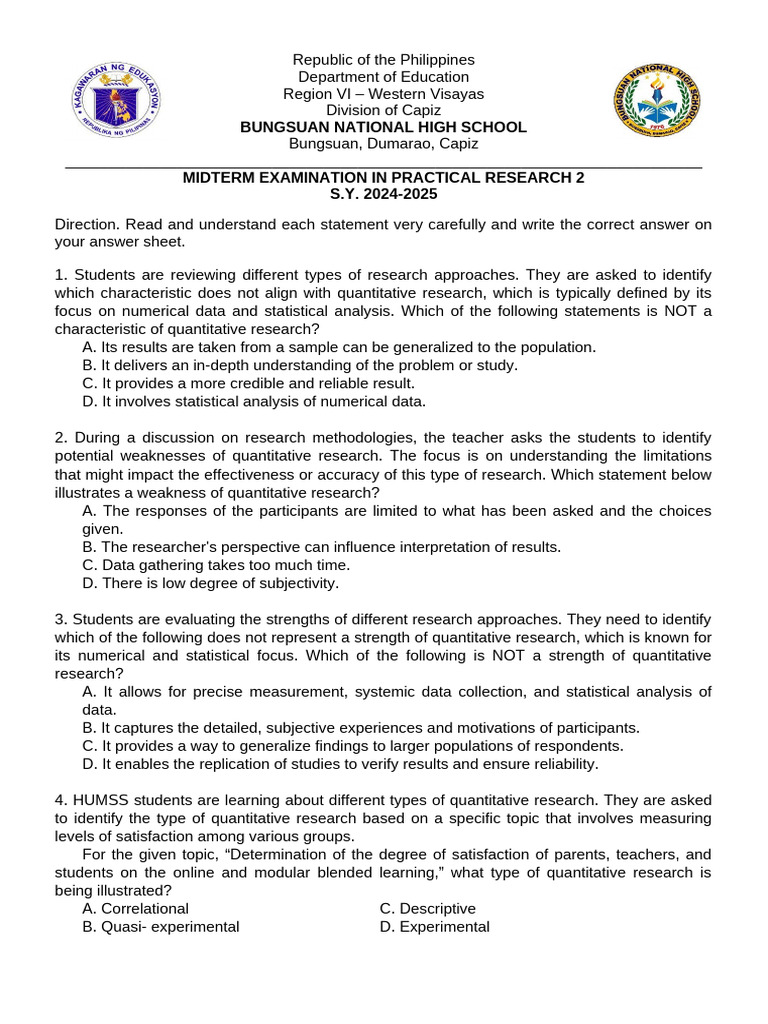 Practical Research 2 Midterm Exam 2024-2025 | PDF | Methodology | Wellness