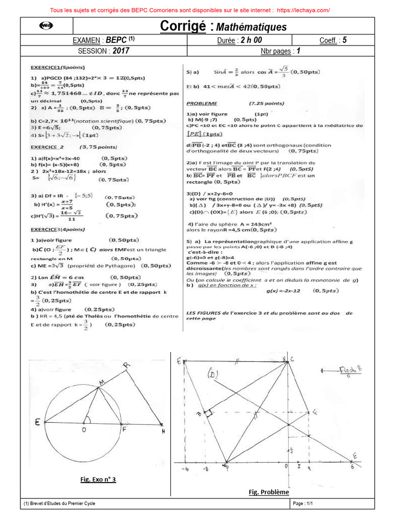 Stock LesPdf Examens BEPC Comores Corr 2017 Comores Corr Mathematique ...