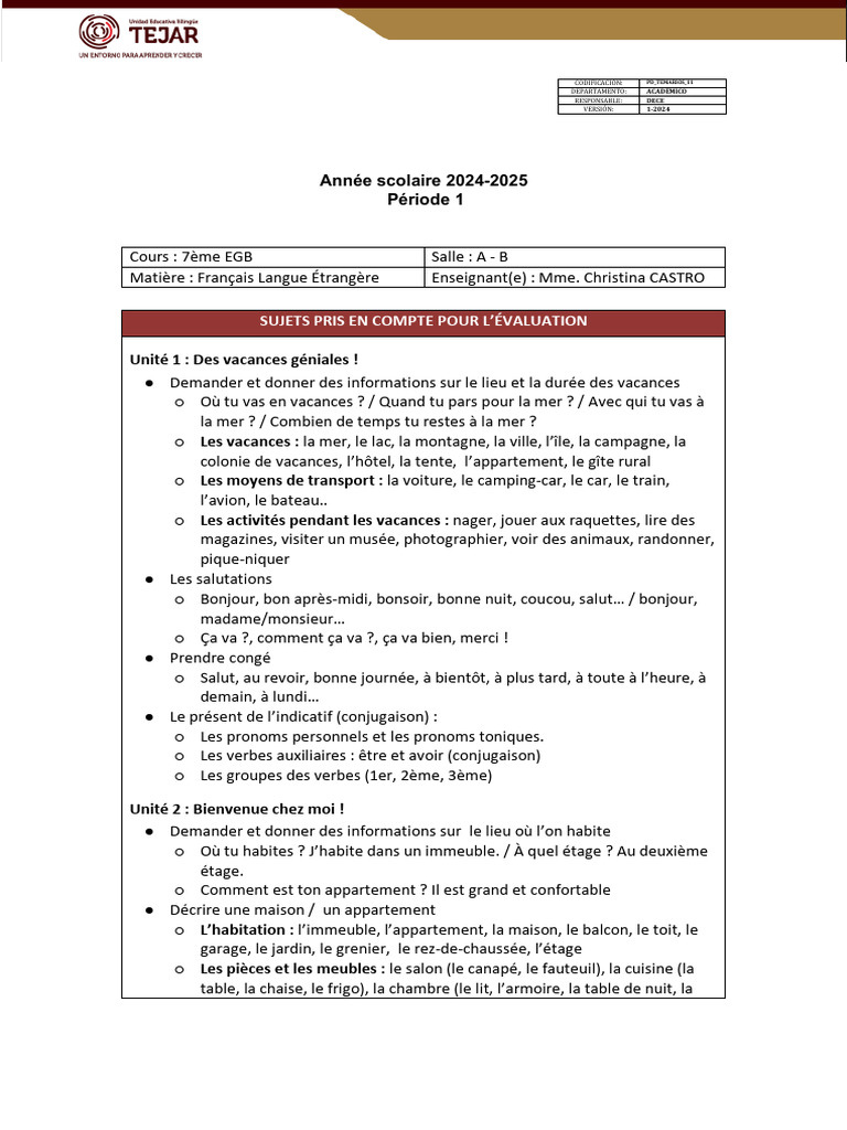 Temarios Francés 7º Egb | PDF