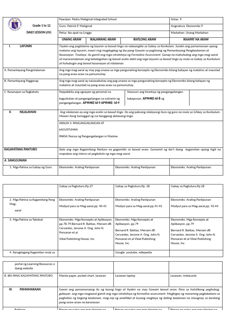 DLL Ap 9 Q1 Week 4 | PDF