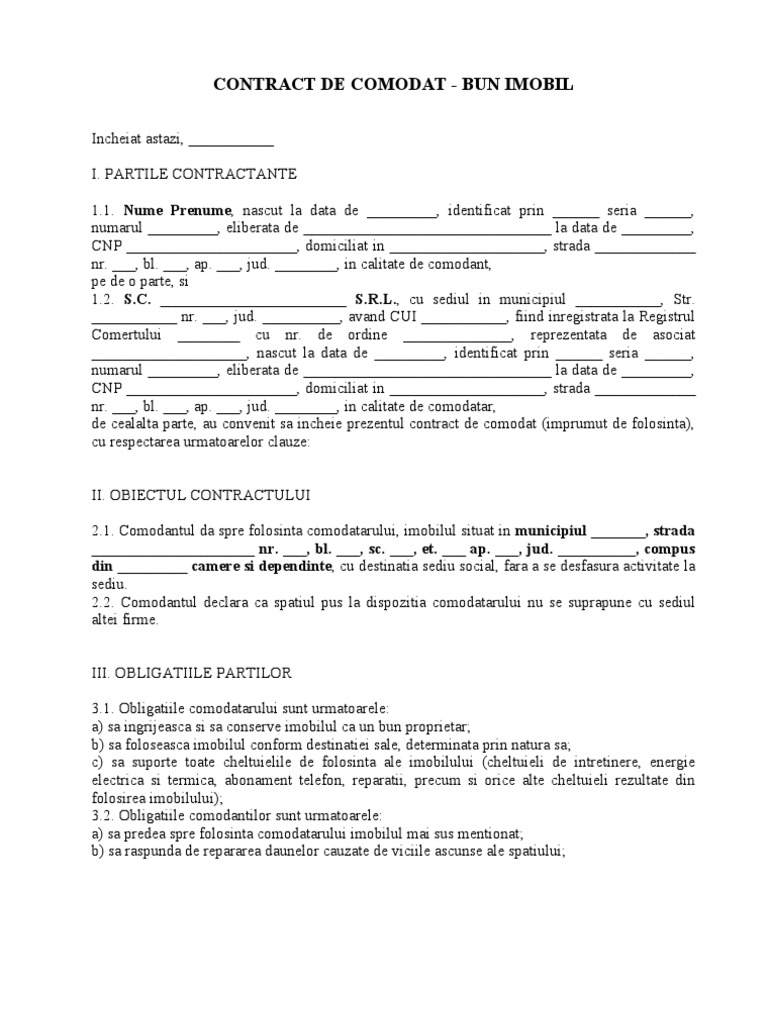 Model contract de comodat sediu social pfa