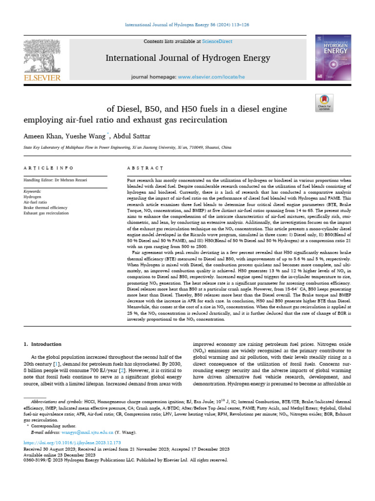 Comparative Analysis of Diesel, B50, and H50 Fuels in A Diesel Engine ...