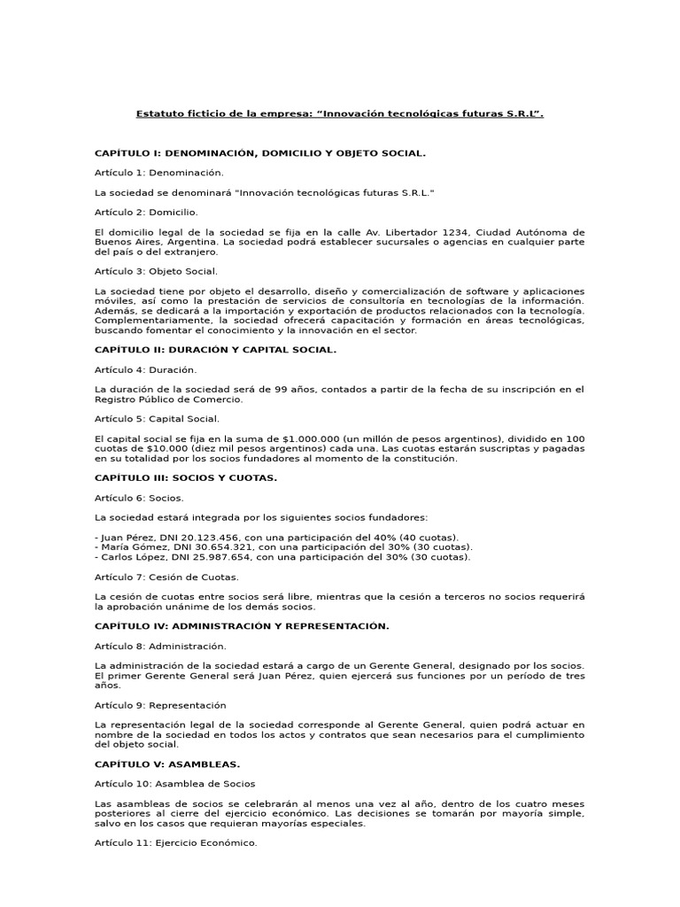 Estatuto Ficticio SRL | PDF | Sociedad de responsabilidad limitada