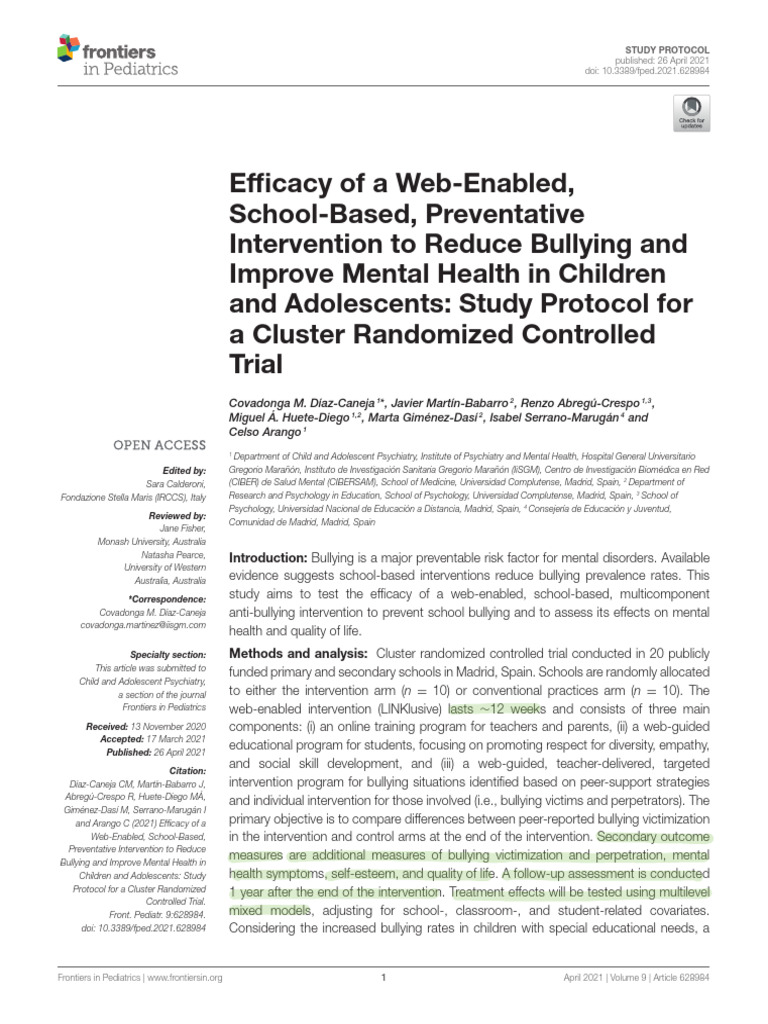 Efficacy of A Web-Enabled, School Based, Preventative Intervention To ...