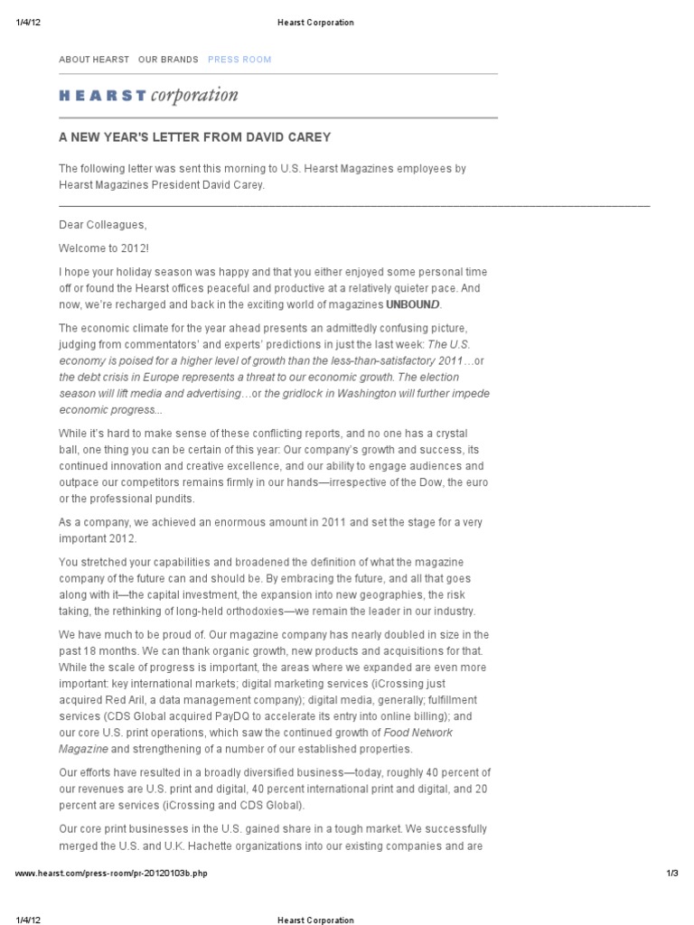 Hearst Magazines 2012 New Year's Letter | PDF | Economic Growth ...