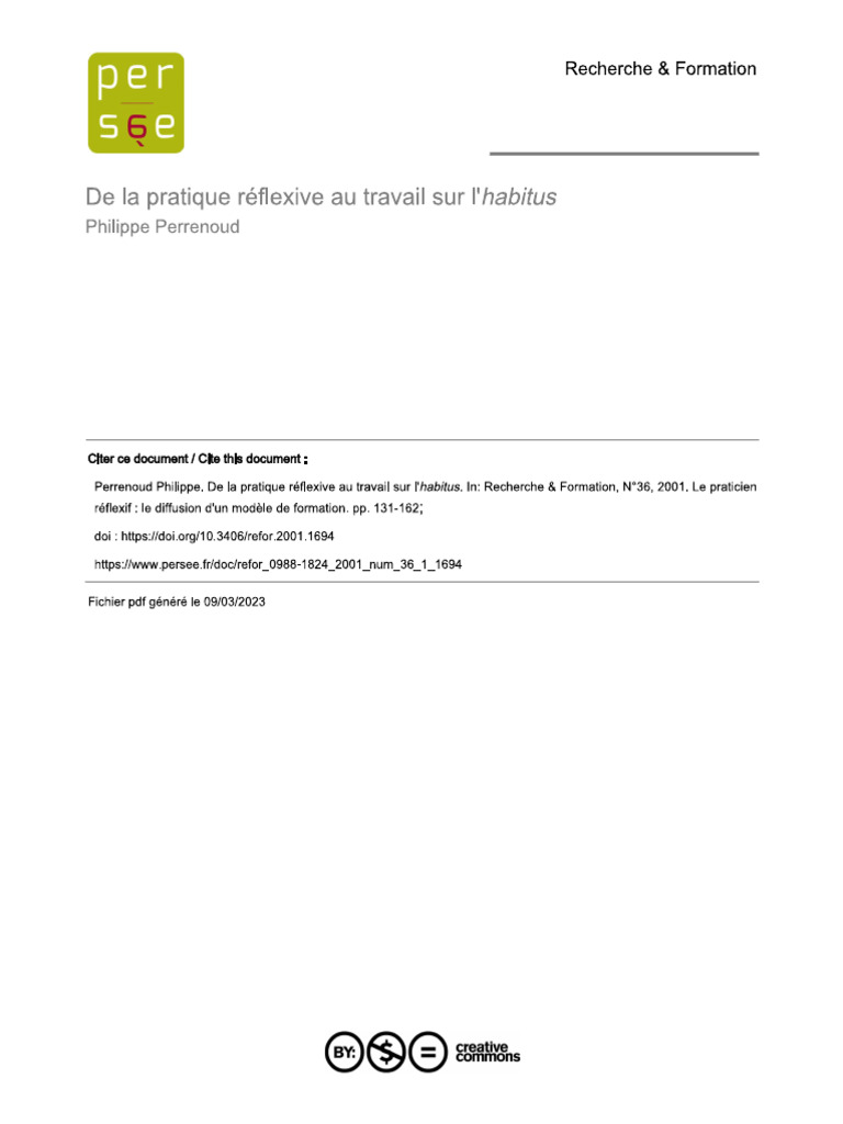 De La Practique Reflexive Au Travail Sur L Habitus Phillipe Perrenoud | PDF