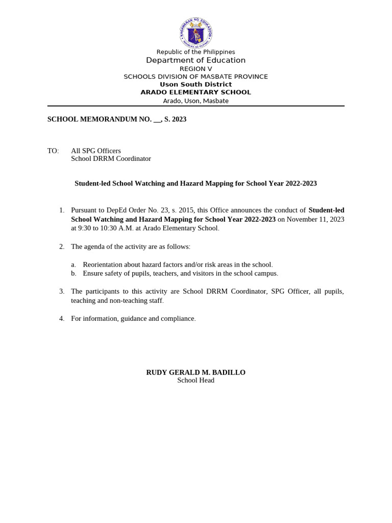 Nov. Memo Hazard Mapping SY 2023 2024 | PDF