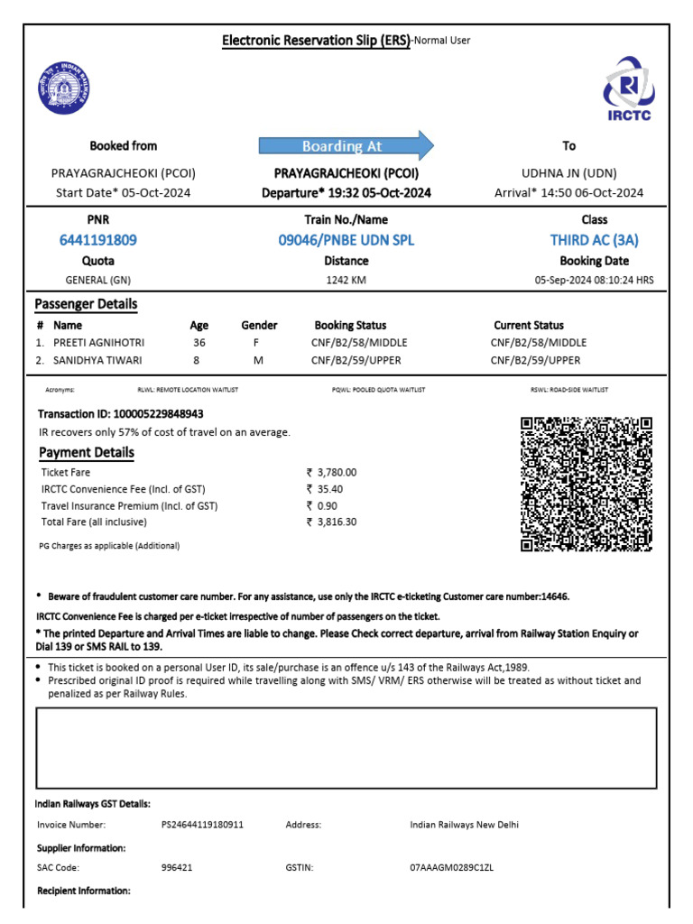IRCTC Train Ticket: PCOI to UDN 3A Booking | PDF | Identity Document |  Payments